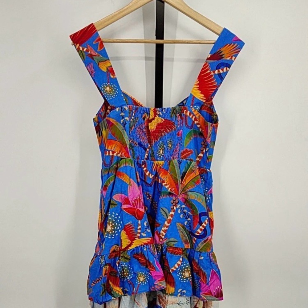 NWT FARM Rio Macaw Party Blue Tropical Print Mini Dress
